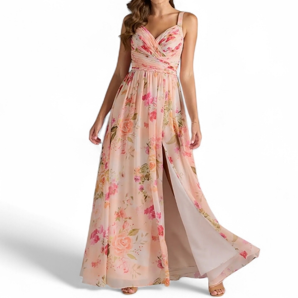 AZAZIE Chanel Abstract Bouquet Floral A-Line Pleated Chiffon Dress, Custom Size
